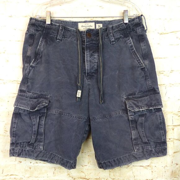 VTG Abercrombie & Fitch Cargo Short Men 34 Blue Baggy Y2K Paratrooper Distressed - Picture 1 of 14